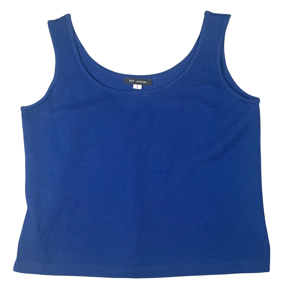 St John Santana Knit Tank Top Womens Large Blue Scoop Neck Crop Quiet Luxury USA